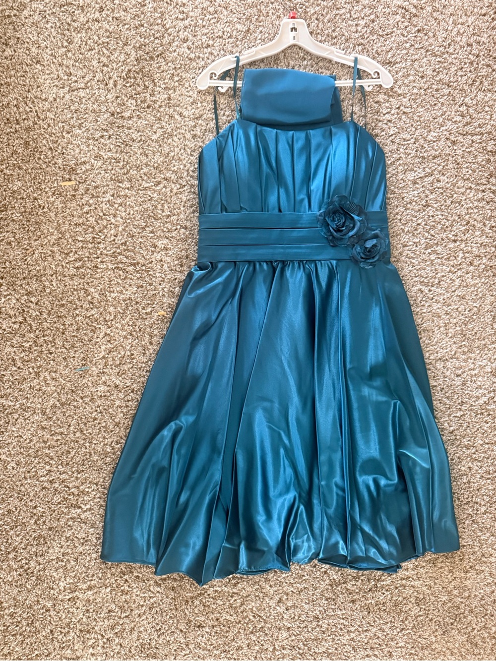 Girls Teal Satin Party Dress with Floral Waist Detail